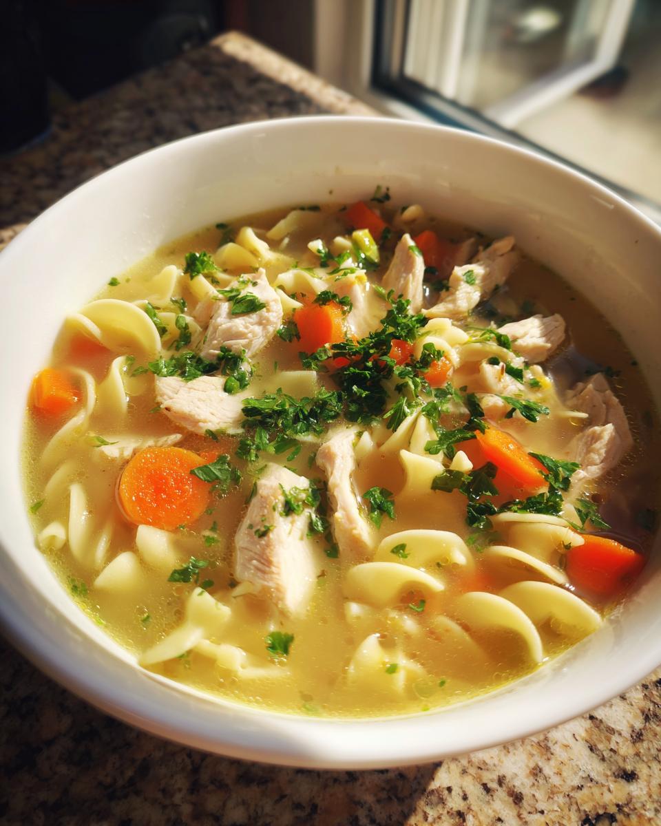 A bowl of creamy chicken noodle soup with chicken, carrots, noodles, and parsley.