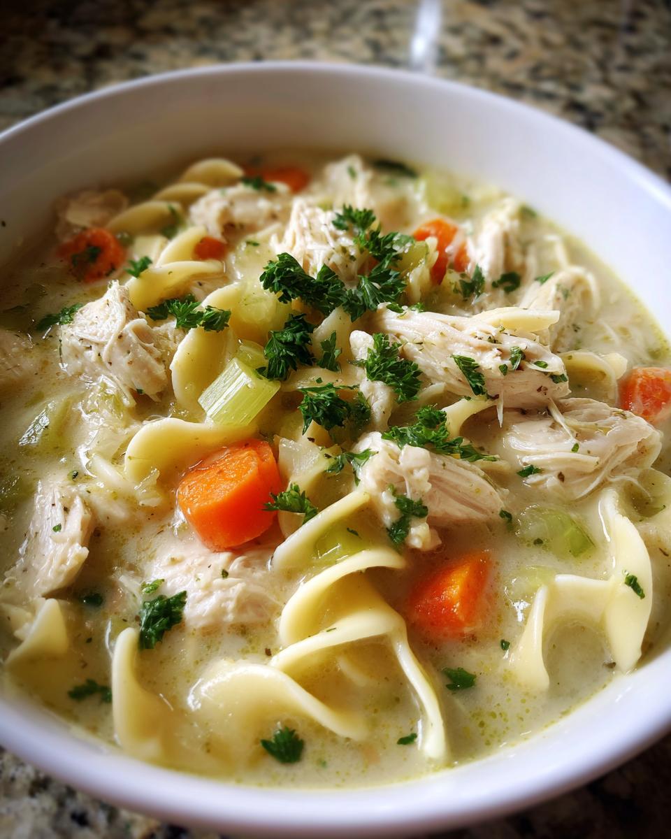 Close-up of a bowl of creamy chicken noodle soup with chicken, noodles, carrots, and parsley.