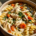 Close-up of a bowl of creamy chicken noodle soup with carrots, noodles, and chicken.