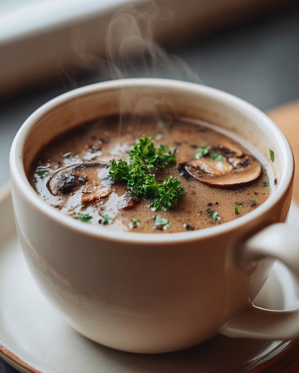 Close-up of a steaming bowl of creamy mushroom soup, garnished with fresh parsley.