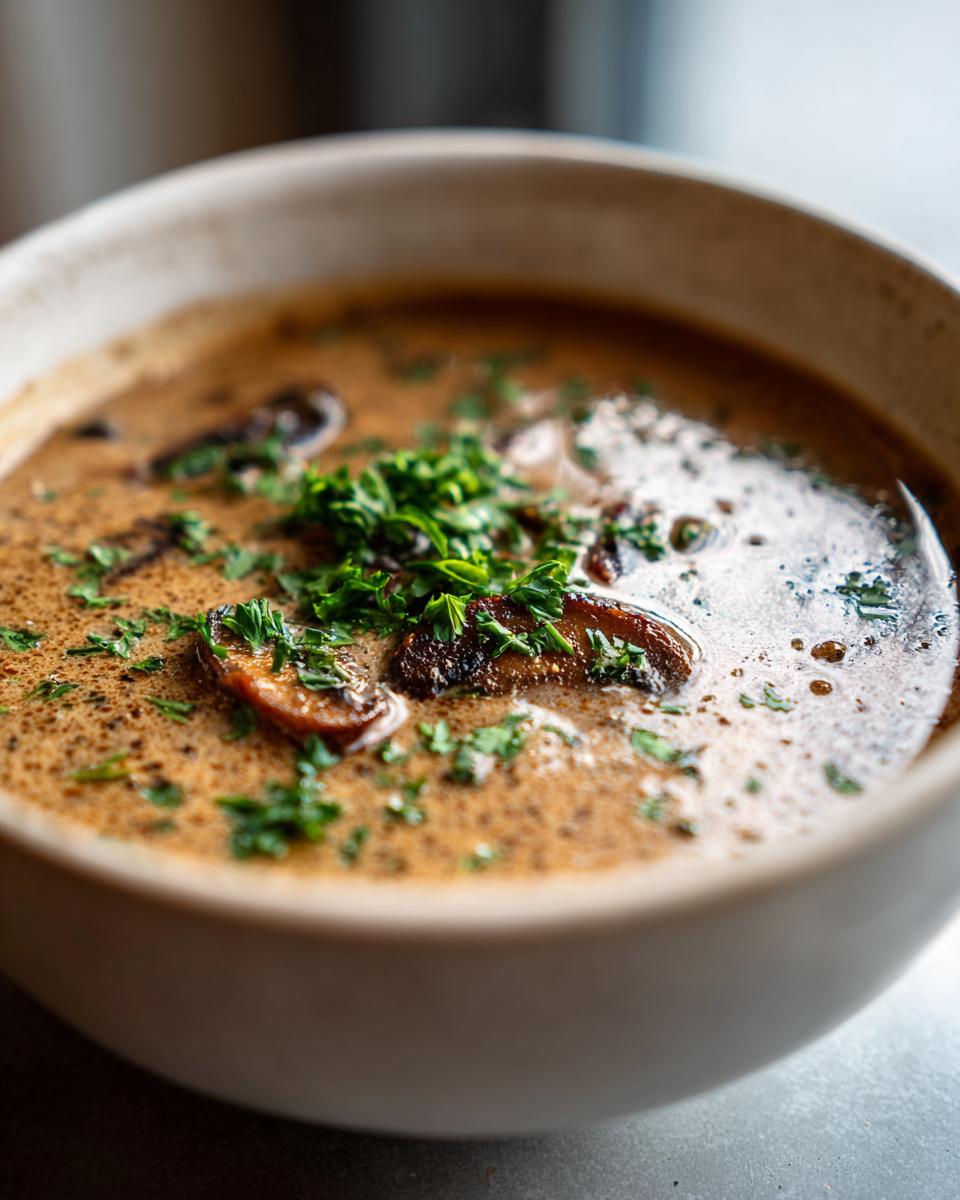 Close-up of creamy mushroom soup in a white bowl, garnished with fresh herbs. The perfect Creamy Mushroom Soup.