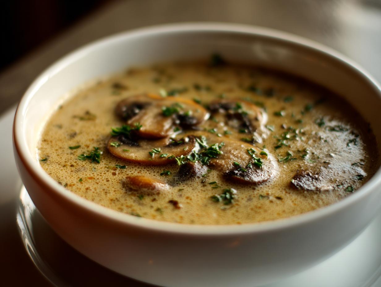 Close-up of a bowl of creamy mushroom soup, garnished with fresh herbs.