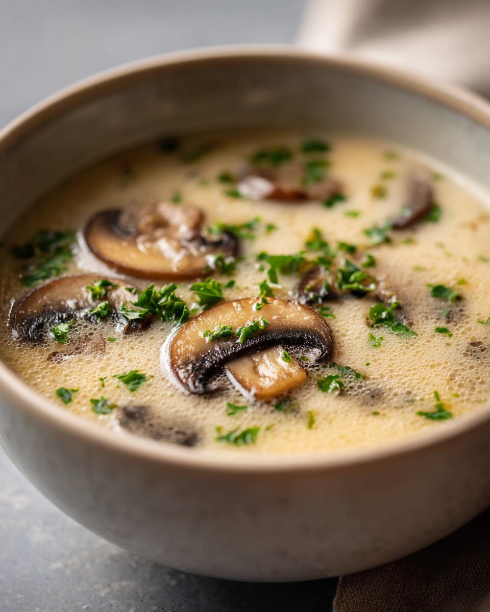 Close-up of a bowl of creamy mushroom soup garnished with fresh parsley and mushroom slices.