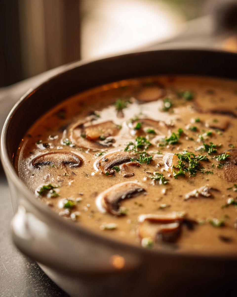 Close-up of creamy mushroom soup in a bowl, garnished with fresh herbs. Featuring the delicious Creamy Mushroom Soup.