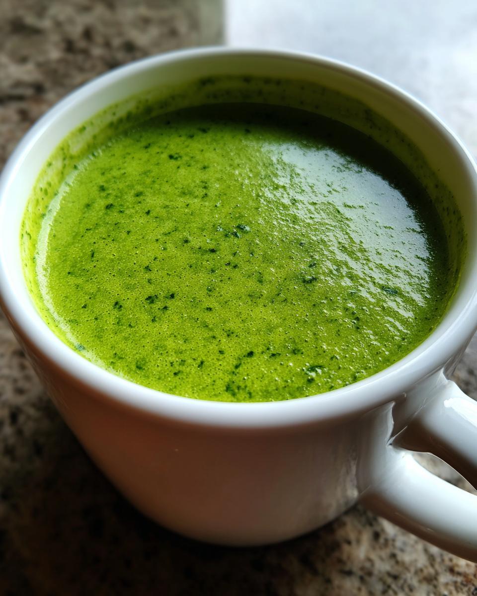 Close-up of a mug filled with vibrant green Creamy Pea & Mint Soup, a delicious and healthy meal.