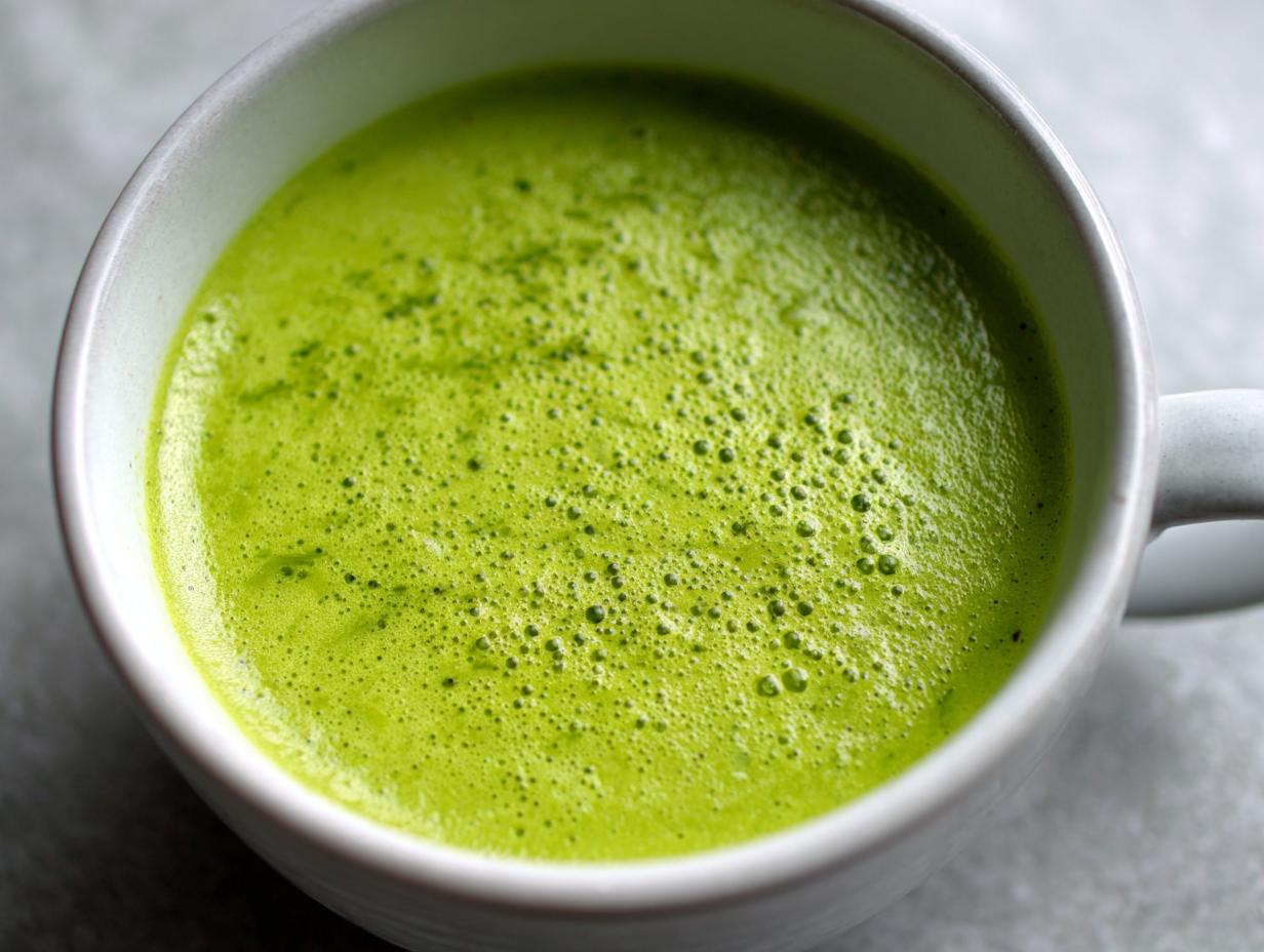 Close-up of a mug filled with vibrant Creamy Pea & Mint Soup.
