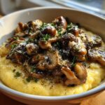 A bowl of creamy polenta with mushrooms, garnished with herbs and parmesan. This is Creamy Polenta with Mushrooms.