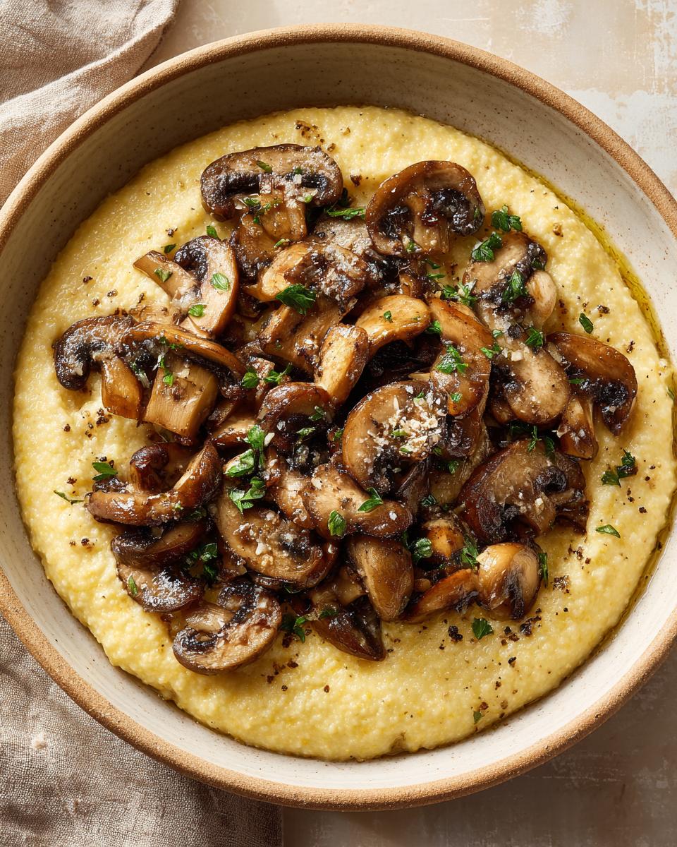 A bowl of creamy polenta with mushrooms, a delicious and easy recipe.