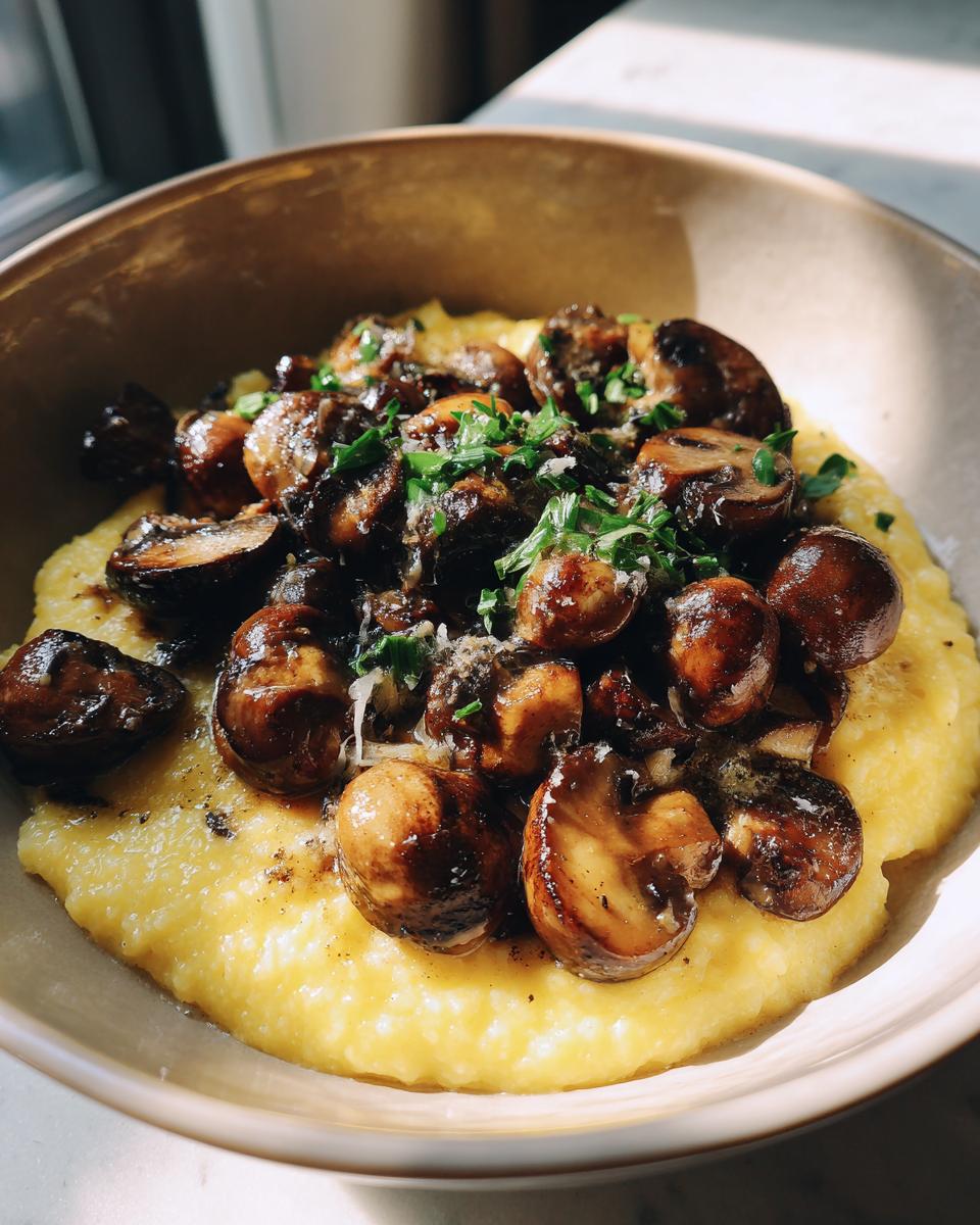 A bowl of creamy polenta with mushrooms, garnished with herbs.