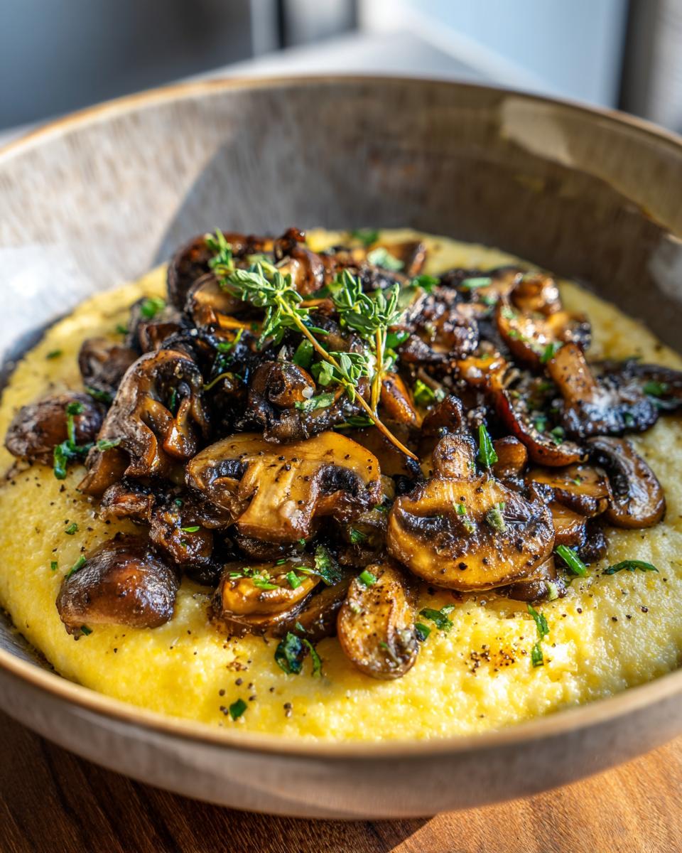 Close-up of creamy polenta with mushrooms, garnished with herbs. This is Creamy Polenta with Mushrooms.