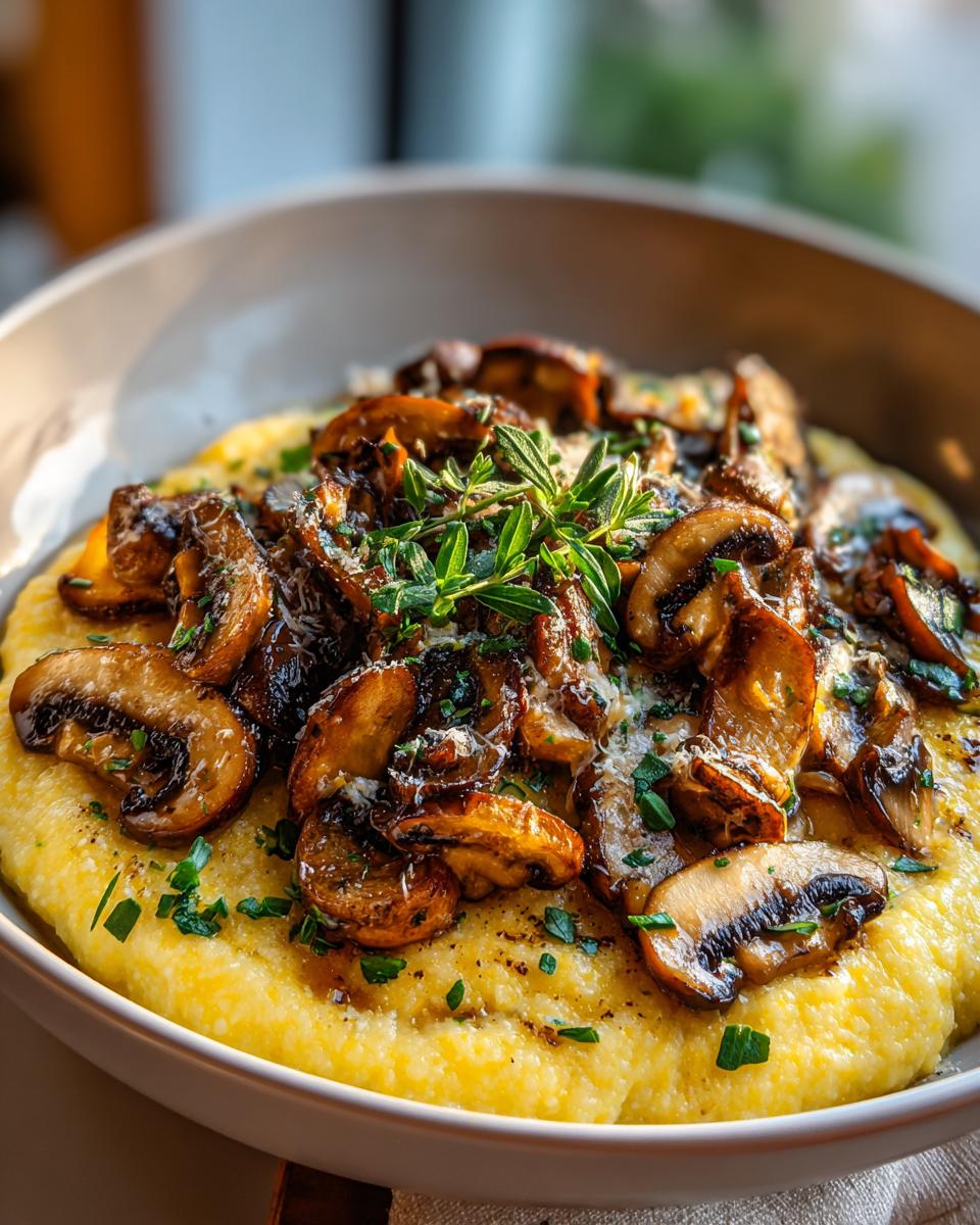 Close-up of creamy polenta with mushrooms, garnished with herbs. This is a delicious Creamy Polenta with Mushrooms recipe.