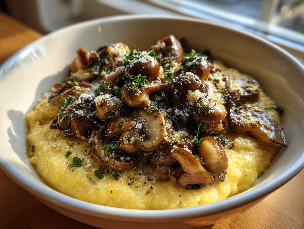 A bowl of creamy polenta with mushrooms, garnished with herbs and parmesan. This is Creamy Polenta with Mushrooms.