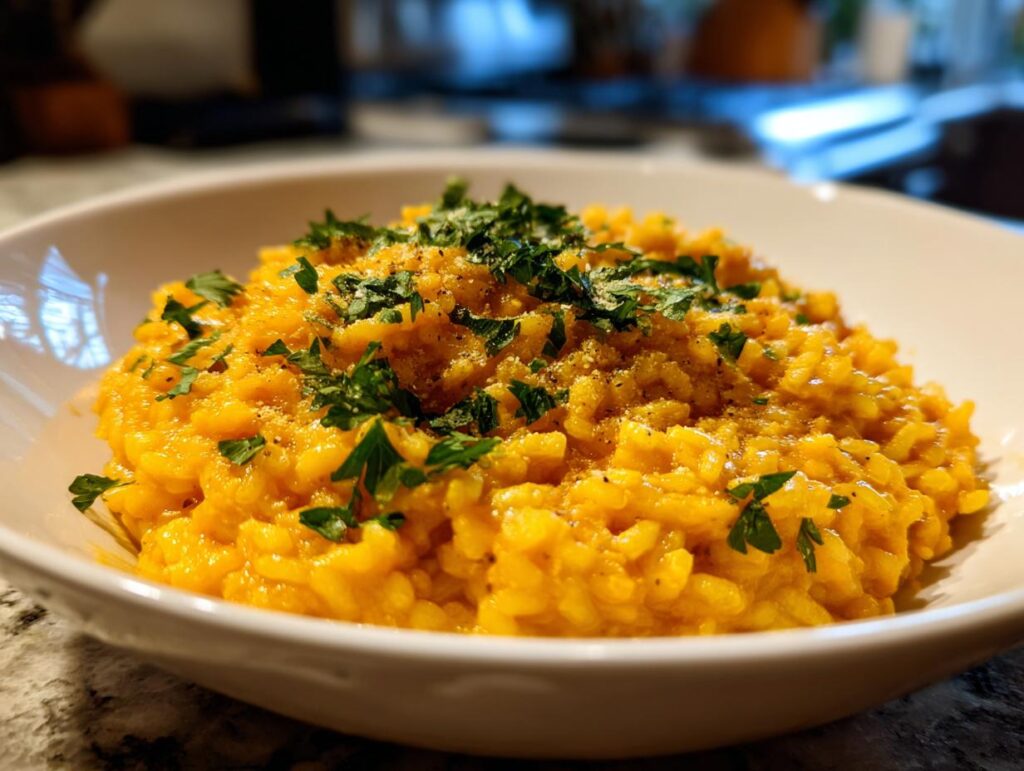 Close-up of creamy pumpkin risotto in a white bowl, garnished with fresh parsley. The dish is the Creamy Pumpkin Risotto.