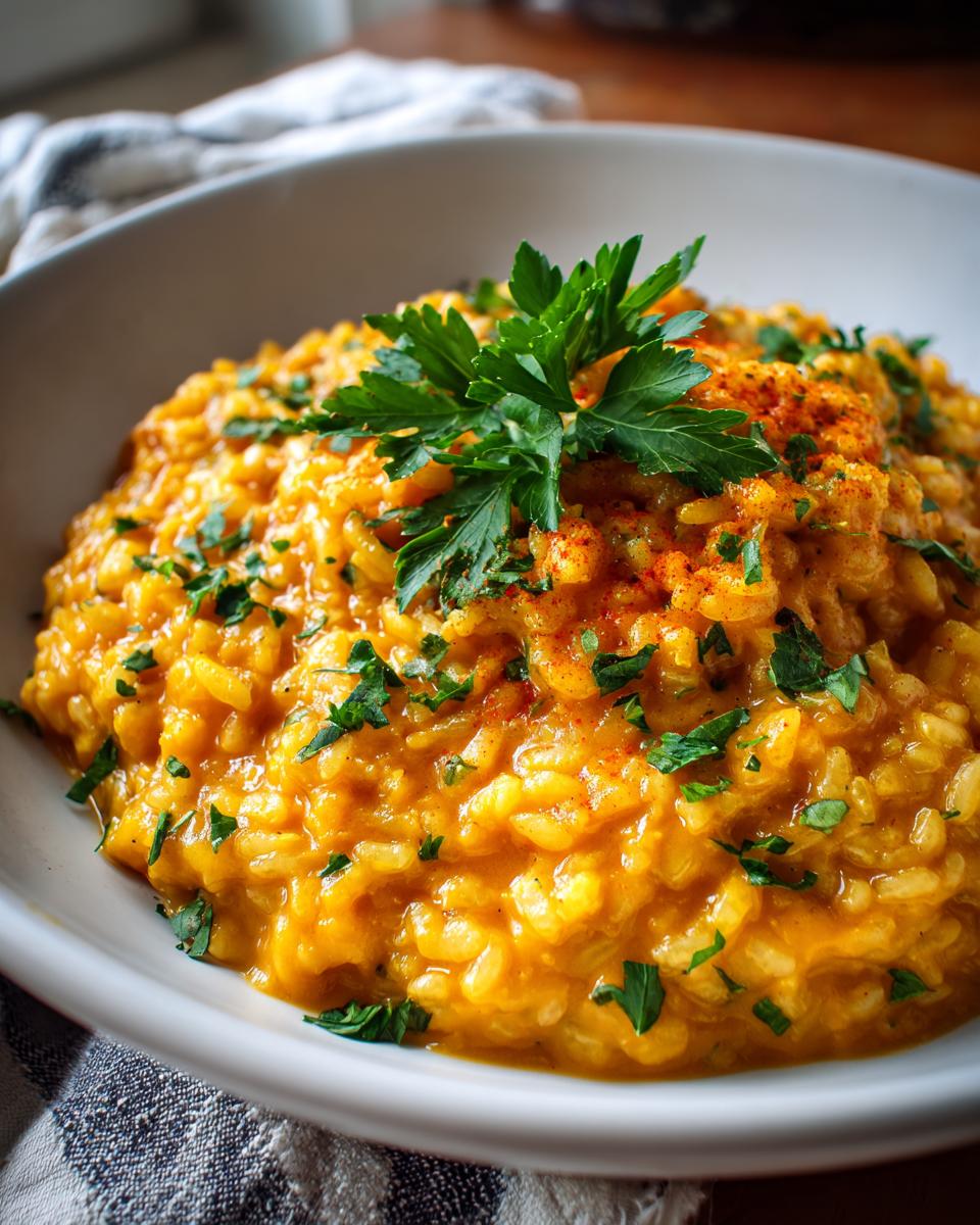 Close-up of a bowl of creamy pumpkin risotto, garnished with fresh parsley and paprika.