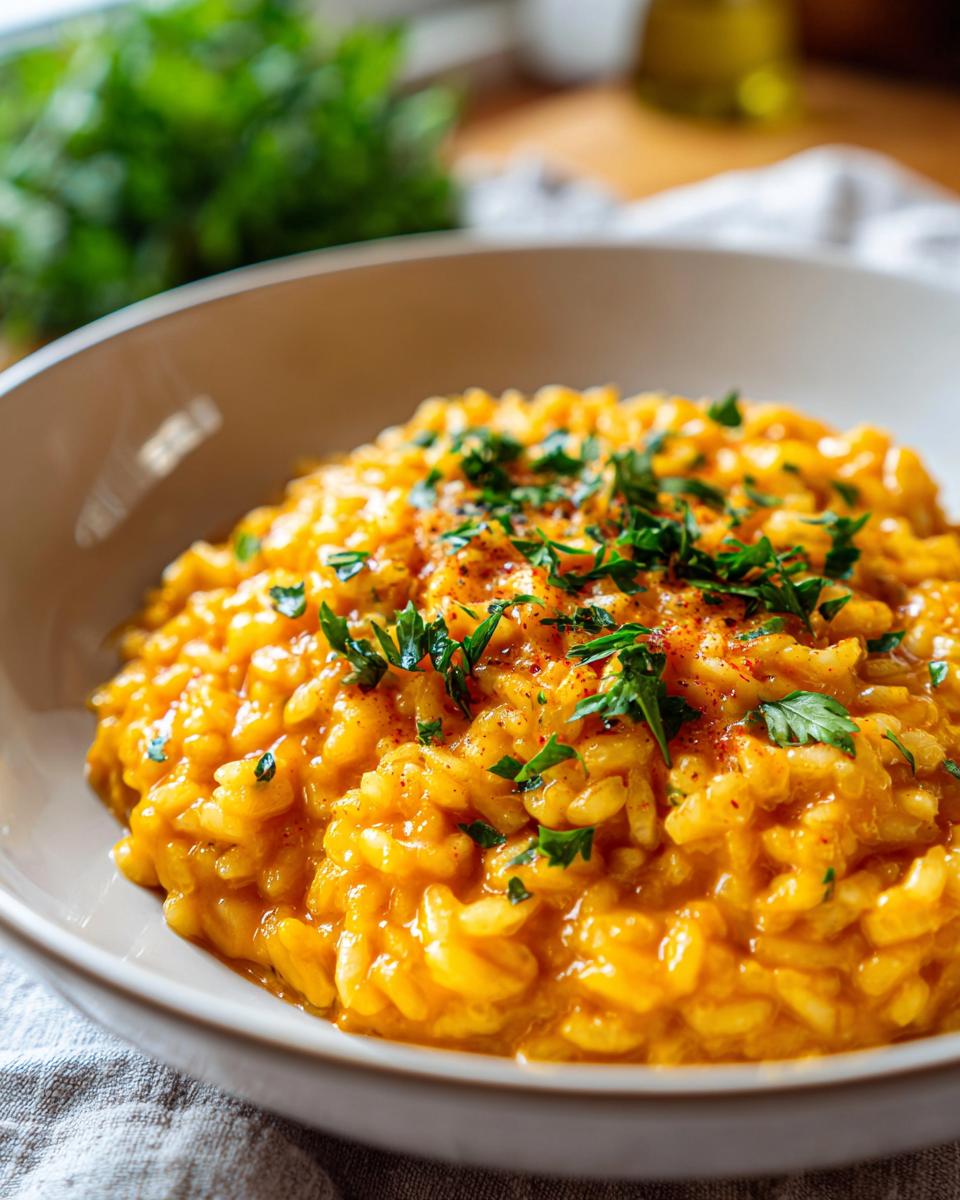 Close-up of a bowl filled with creamy pumpkin risotto, garnished with fresh parsley.