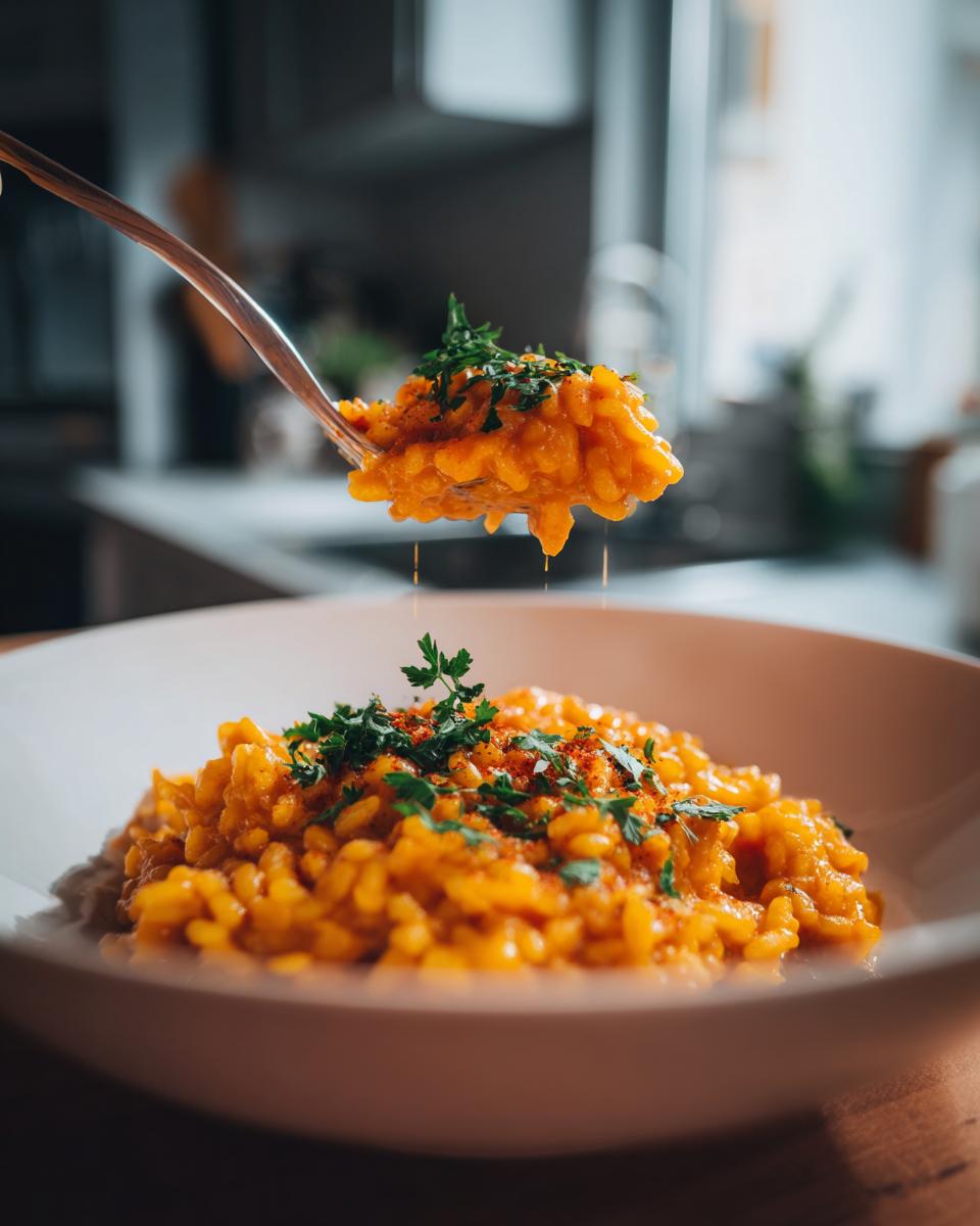 Close-up of creamy pumpkin risotto in a white bowl, with a forkful being lifted, the Creamy Pumpkin Risotto.