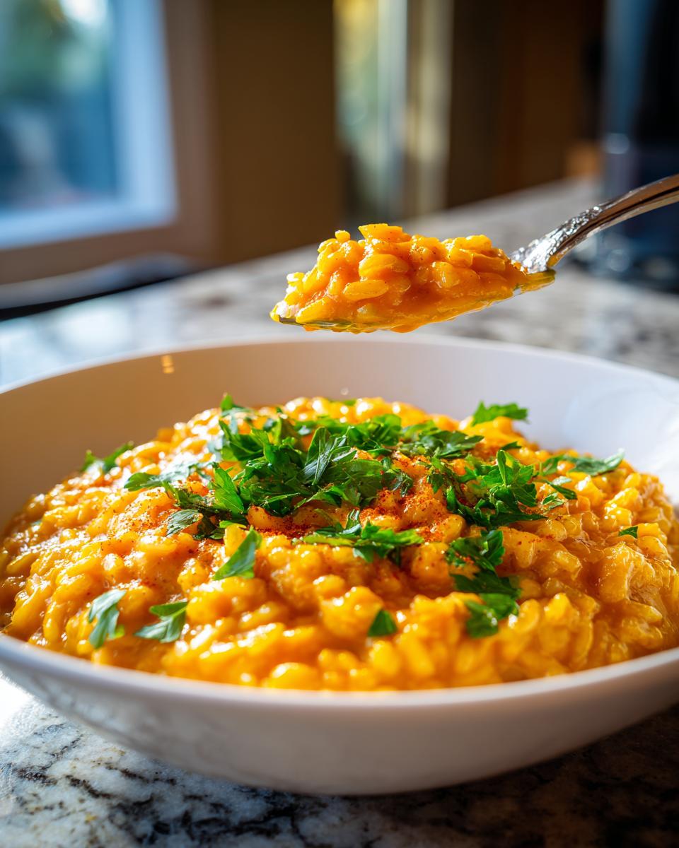 Close-up of a bowl of Creamy Pumpkin Risotto with a spoonful being lifted, garnished with parsley.