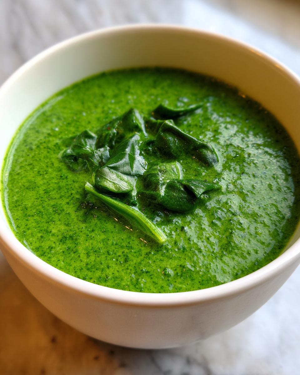 Close-up of a bowl of Creamy Spinach Artichoke Soup, a vibrant green soup.