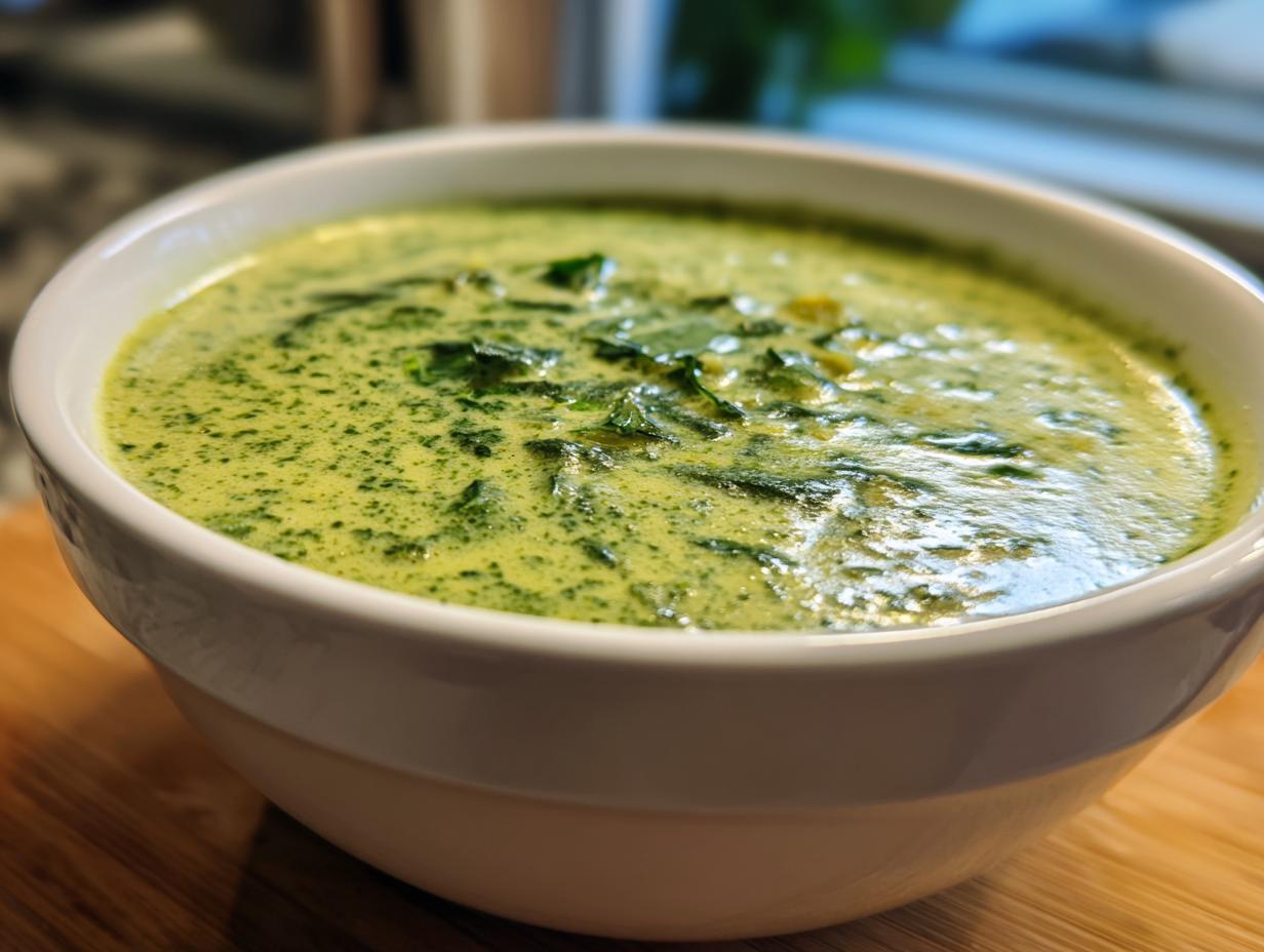 Close-up of a bowl of Creamy Spinach Artichoke Soup, a comforting and delicious soup.