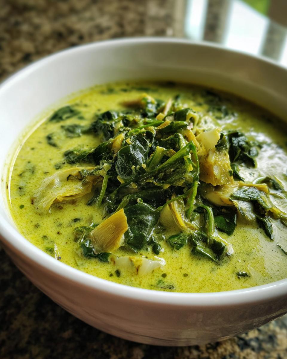 Close-up of a bowl of Creamy Spinach Artichoke Soup, showing spinach and artichoke hearts.