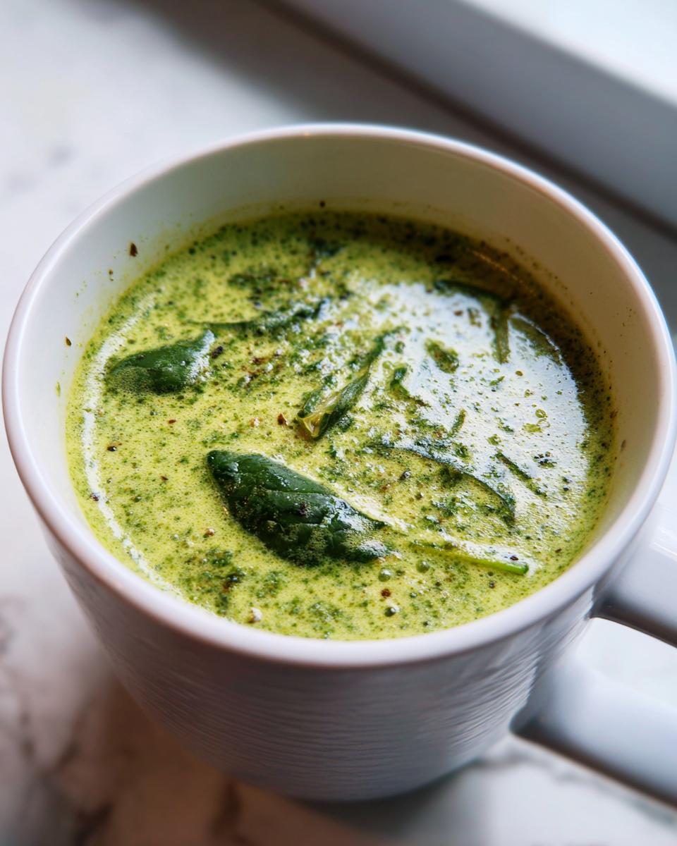 Close-up of a mug filled with creamy spinach artichoke soup, showing spinach leaves and a vibrant green color.