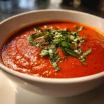 A bowl of creamy tomato basil soup (no cream!) garnished with fresh basil.