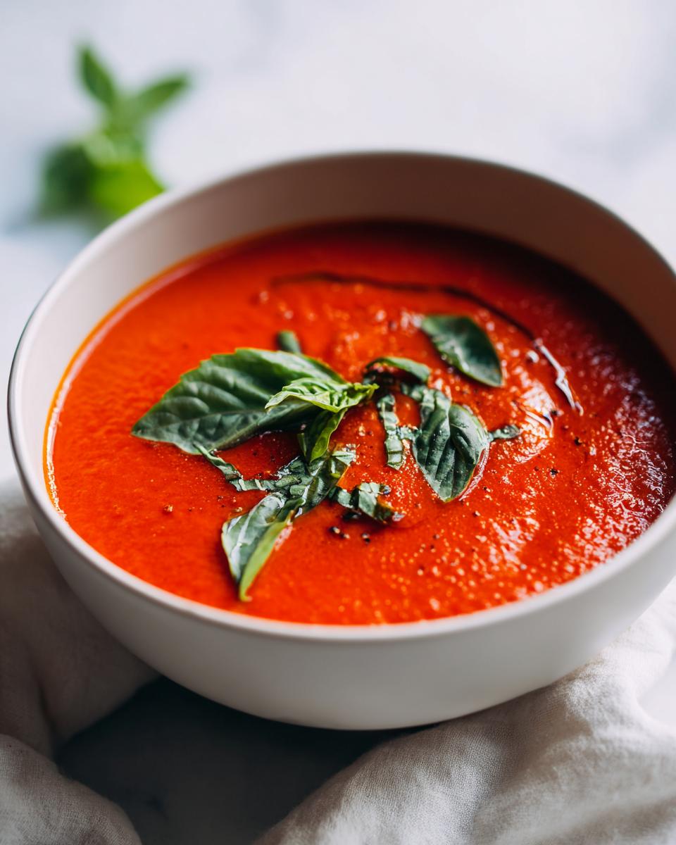 Close-up of a bowl of Creamy Tomato Basil Soup (No Cream!), garnished with fresh basil leaves.
