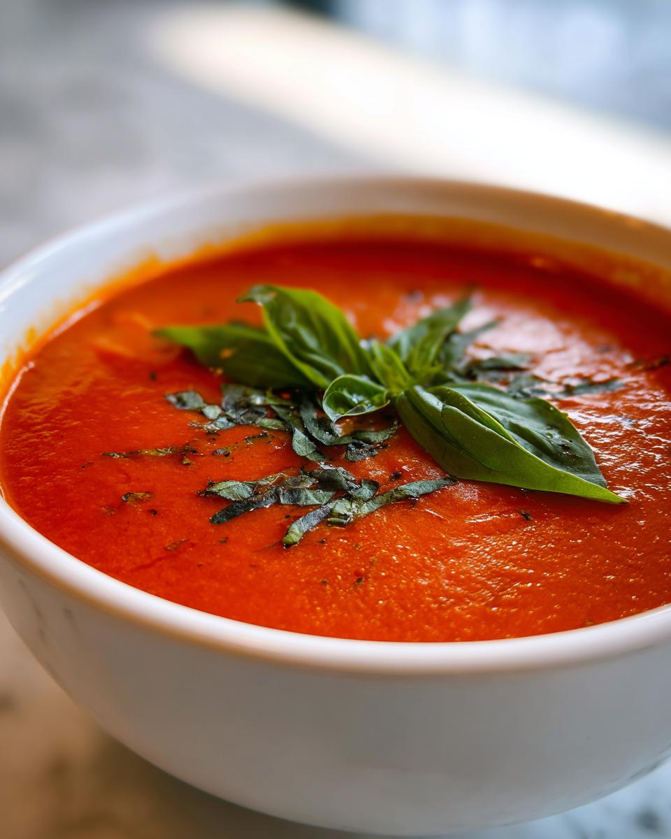 Close-up of a bowl of Creamy Tomato Basil Soup (No Cream!) garnished with fresh basil leaves.