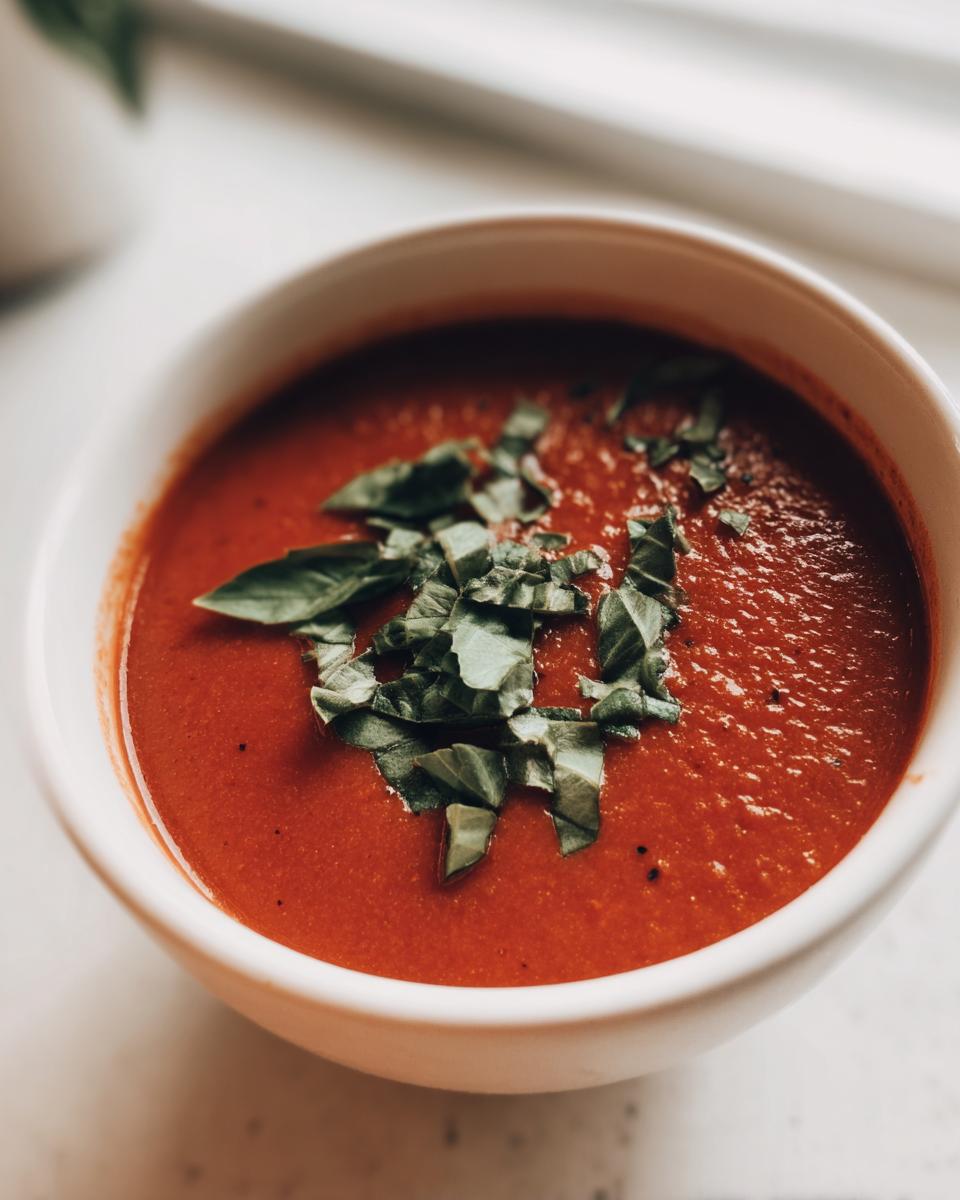 Close-up of a bowl of Creamy Tomato Basil Soup (No Cream!), garnished with fresh basil.