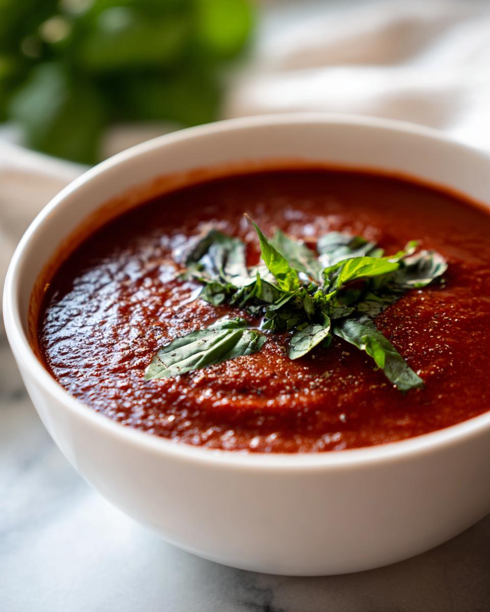 Close-up of a bowl of Creamy Tomato Basil Soup (No Cream!), garnished with fresh basil leaves.