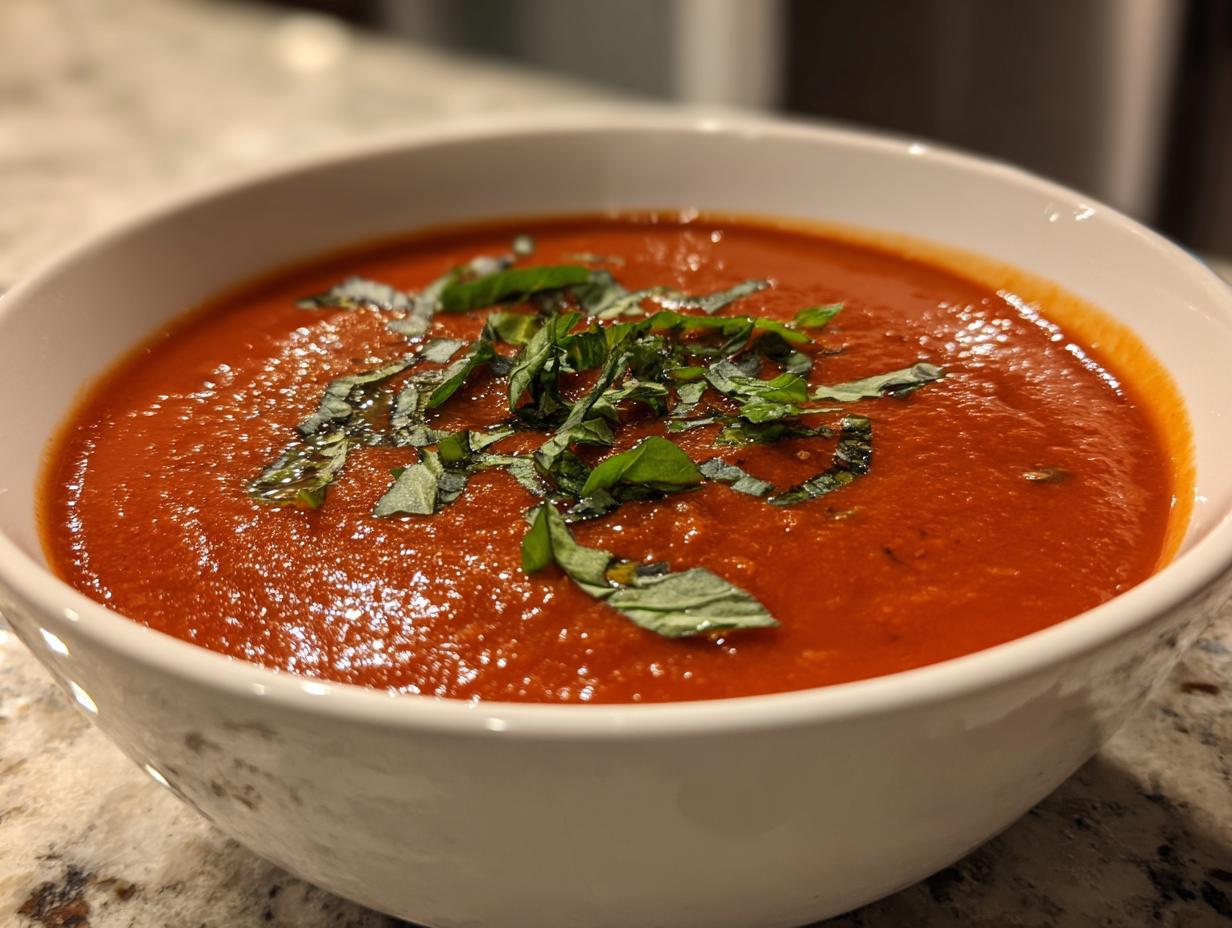A bowl of Creamy Tomato Basil Soup (No Cream!) garnished with fresh basil.