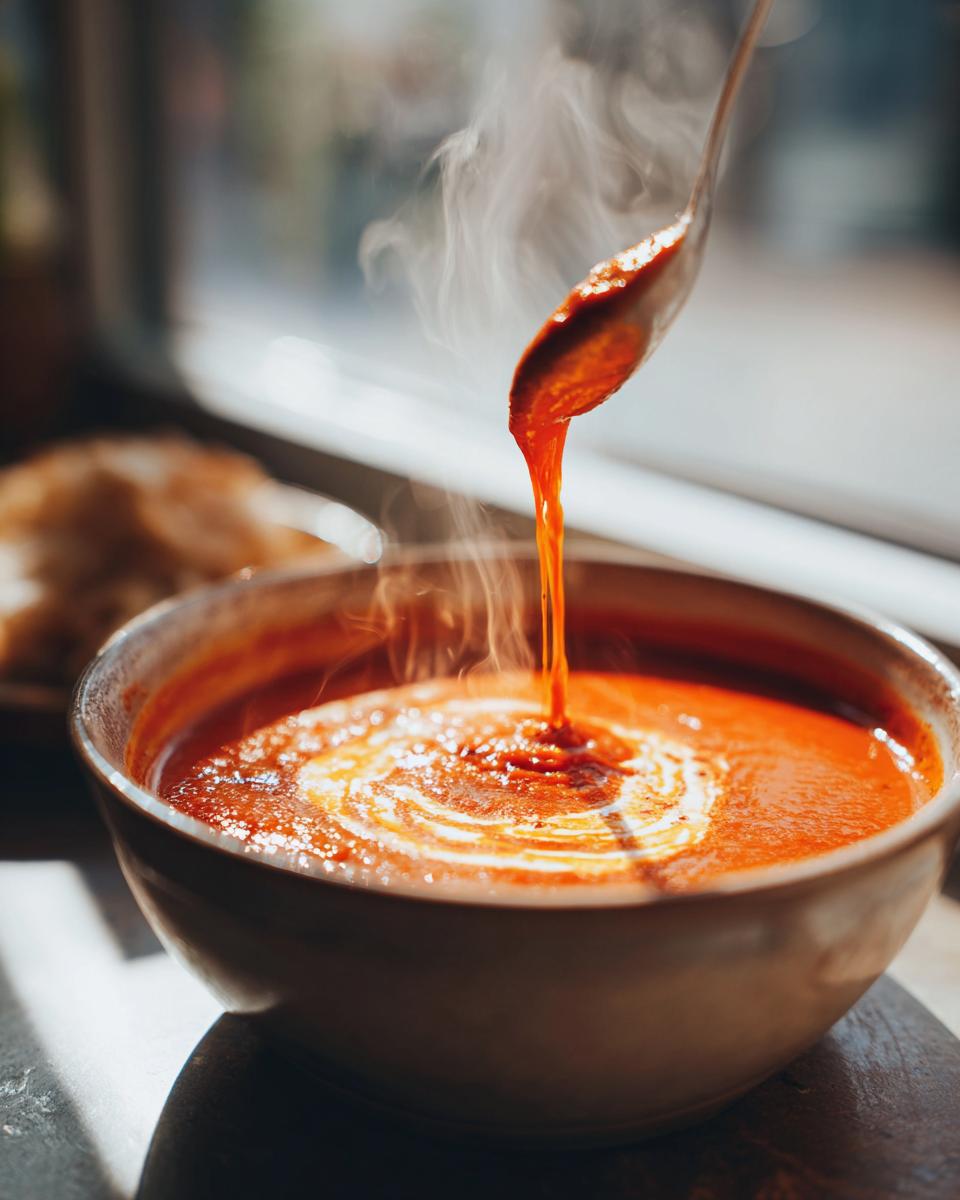 A spoonful of hot, creamy tomato soup is poured into a bowl, creating swirls of cream.