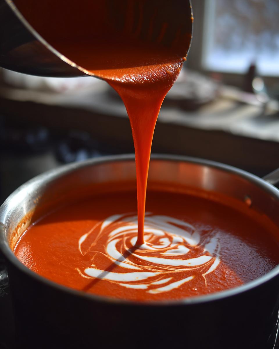 A ladle pouring rich, creamy tomato soup into a pot with a swirl of cream.