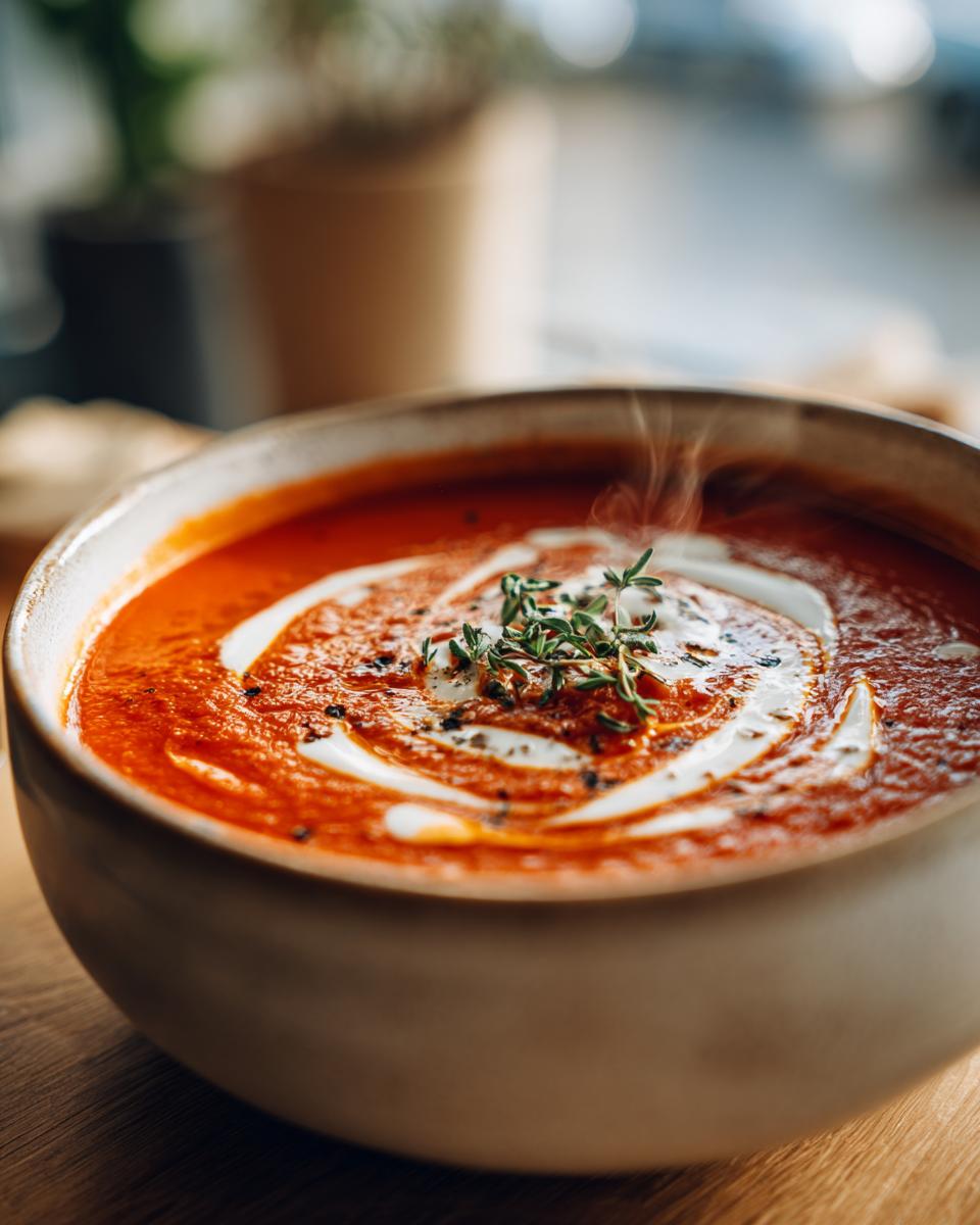 A close-up of a steaming bowl of creamy tomato soup, swirled with cream and garnished with fresh thyme and cracked black pepper.