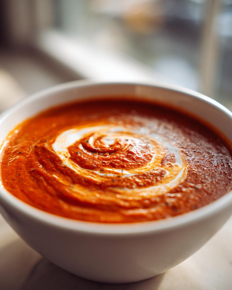 Close-up of a white bowl filled with vibrant Creamy Tomato Soup, featuring a beautiful swirl of cream on top.