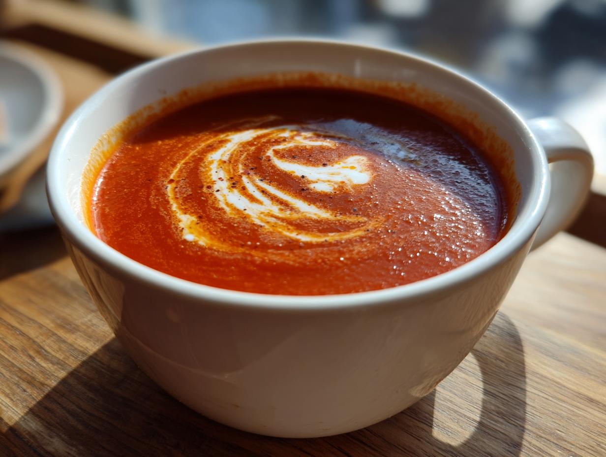 A close-up of a white mug filled with rich, creamy tomato soup, topped with a swirl of cream and a sprinkle of paprika.