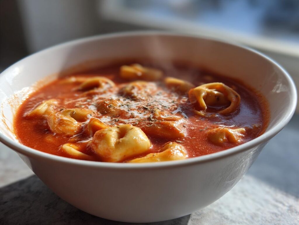 Close-up of a bowl of Creamy Tomato Tortellini Soup, a comforting and delicious meal.