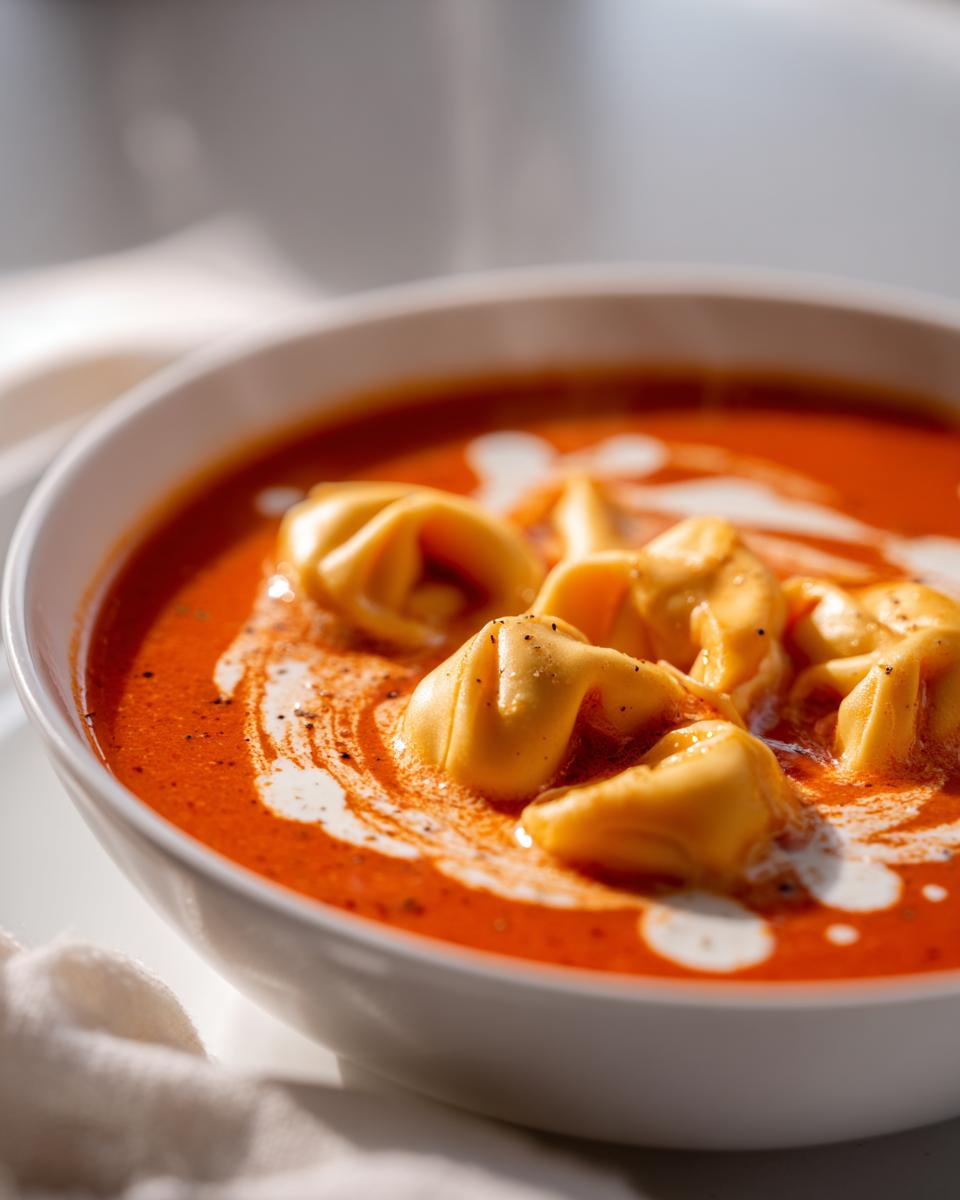 Close-up of a bowl of Creamy Tomato Tortellini Soup with tortellini and cream.