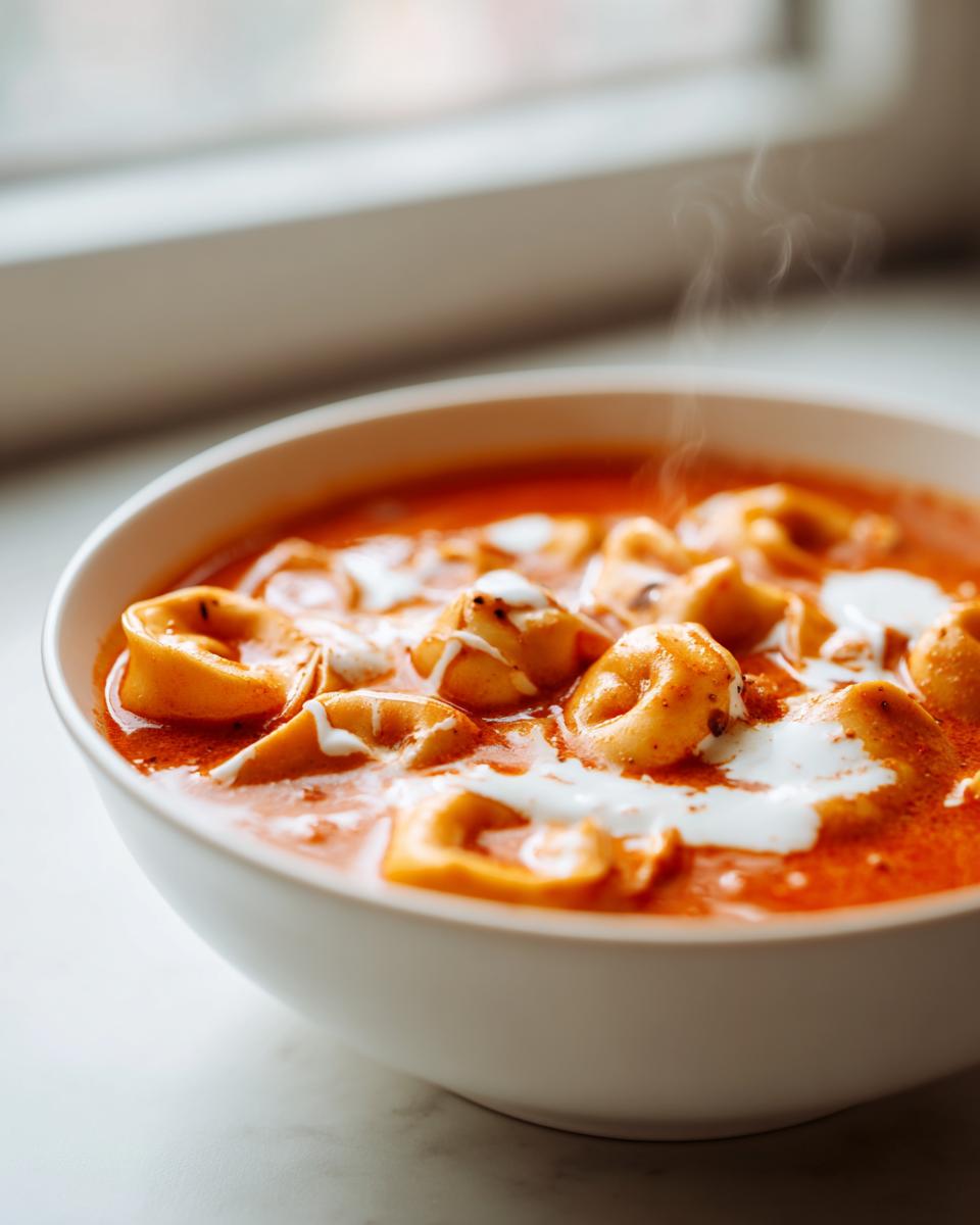 A bowl of Creamy Tomato Tortellini Soup with a swirl of cream, ready to be enjoyed.