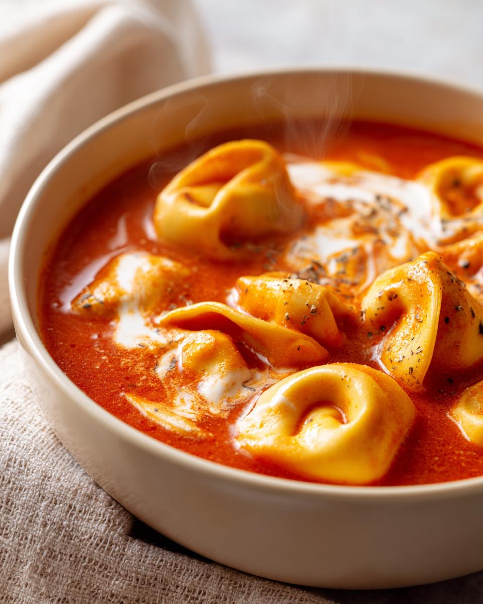 Close-up of a bowl of Creamy Tomato Tortellini Soup with tortellini, creamy sauce, and herbs.
