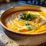 Close-up of a bowl of Curried Cauliflower & Carrot Soup, garnished with cream and cilantro.