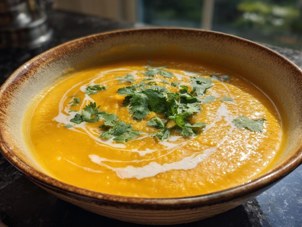 Bowl of creamy Curried Cauliflower & Carrot Soup garnished with fresh cilantro and cream.