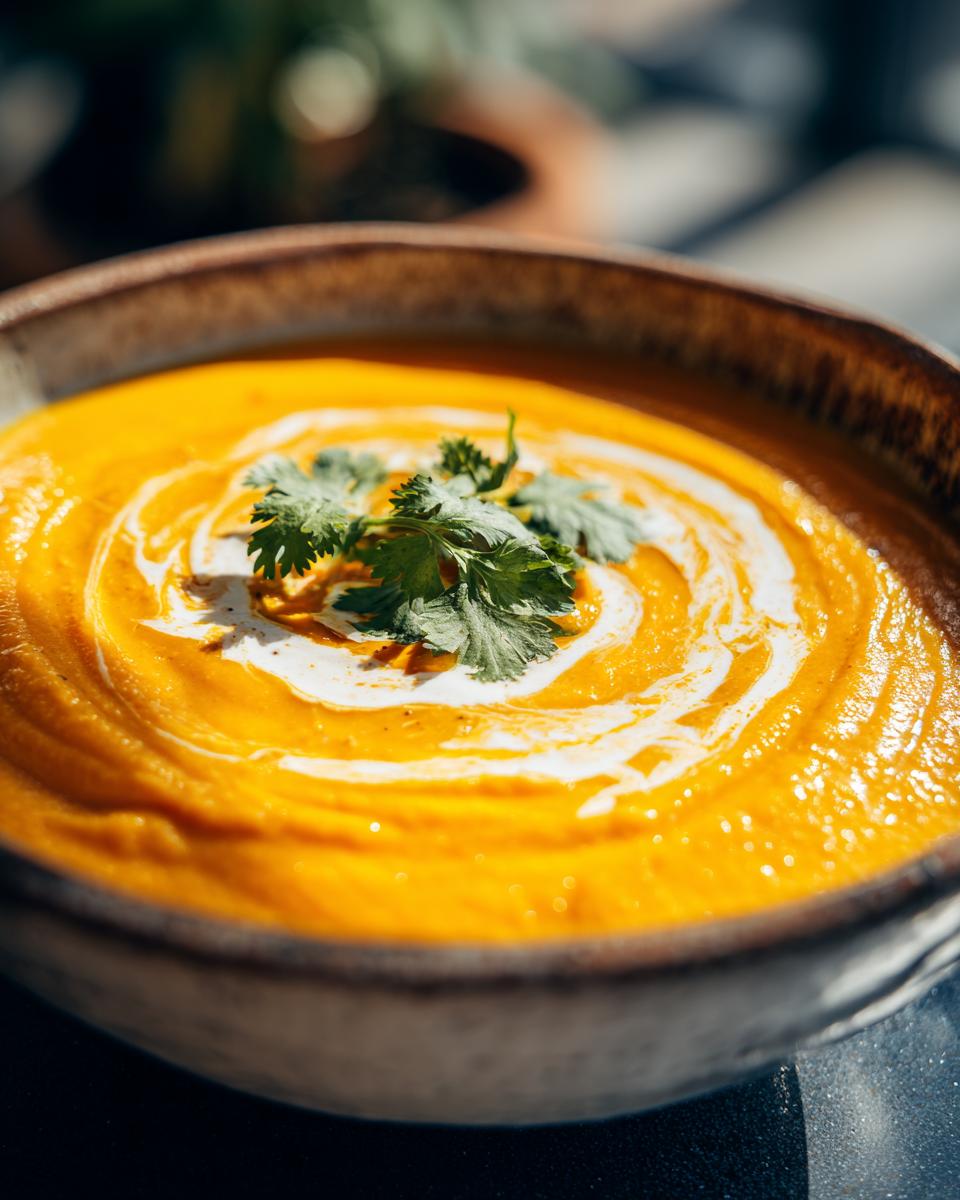 Close-up of a bowl of Curried Cauliflower & Carrot Soup, garnished with cream and cilantro.