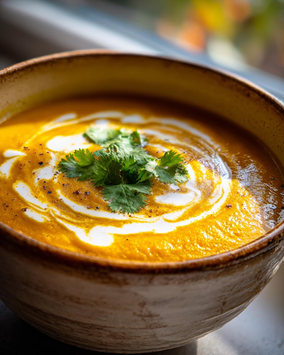 Close-up of a bowl of Curried Cauliflower & Carrot Soup, garnished with cream and cilantro.