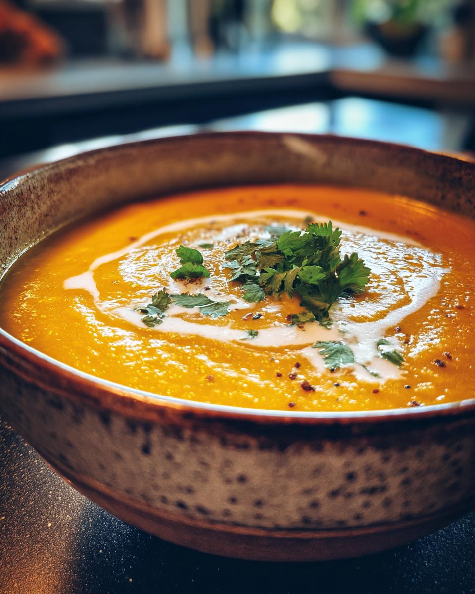 Close-up of a bowl of Curried Cauliflower & Carrot Soup, garnished with cream and herbs.