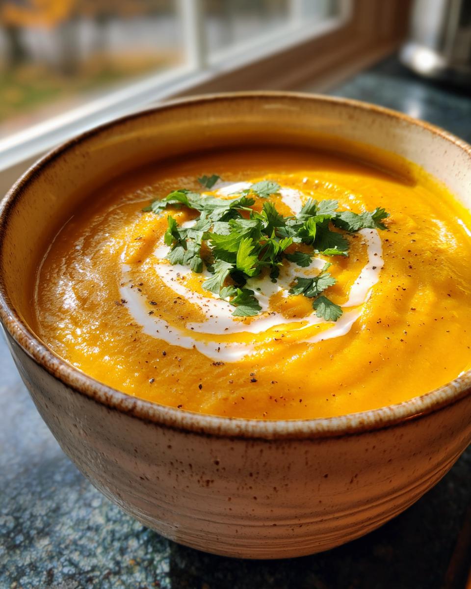 Bowl of creamy Curried Cauliflower & Carrot Soup, garnished with cream and herbs.
