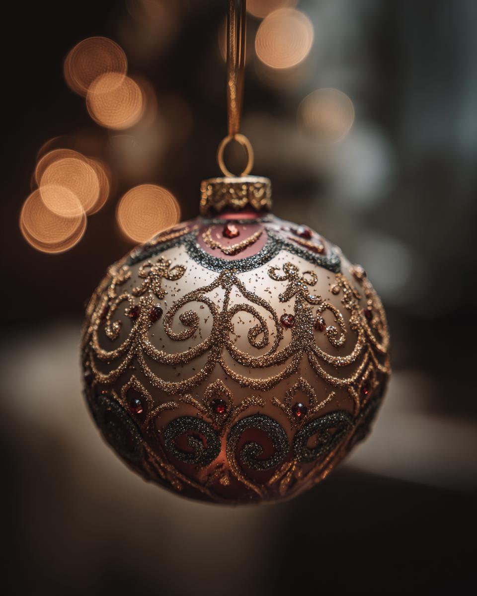 Close-up of an ornate, custom photo ornament with intricate gold scrollwork and red jewel accents, hanging against a bokeh background.