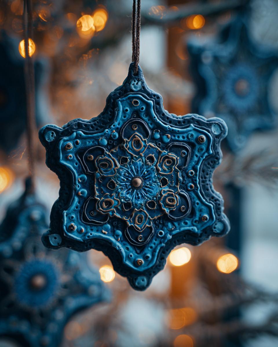 Close-up of a detailed blue star-shaped photo ornament with intricate patterns and a rustic twine hanger.