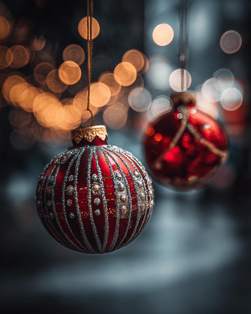Close-up of two red, sparkling Christmas ornaments hanging with bokeh lights in the background, perfect for a custom photo ornaments tutorial.
