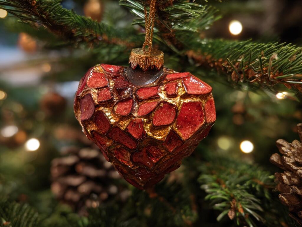 Close-up of a textured red and gold heart-shaped ornament hanging on a Christmas tree, part of a Custom Photo Ornaments Tutorial.